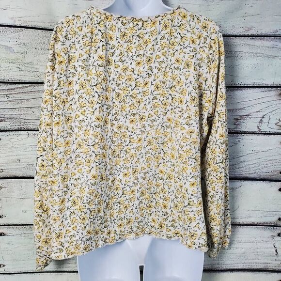 Billabong Women’s Small Peasant Top Yellow Floral Boho Crinkle Cotton Blouse Tie - Picture 4 of 7